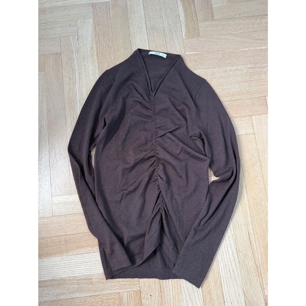 Prada Vintage Brown Virgin Wool Silk Ruched Mock Neck Long Sleeve Top IT 42